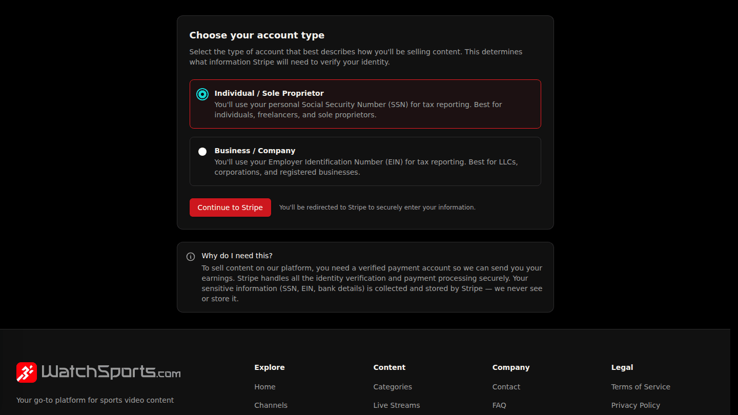 Choose your account type and Continue to Stripe