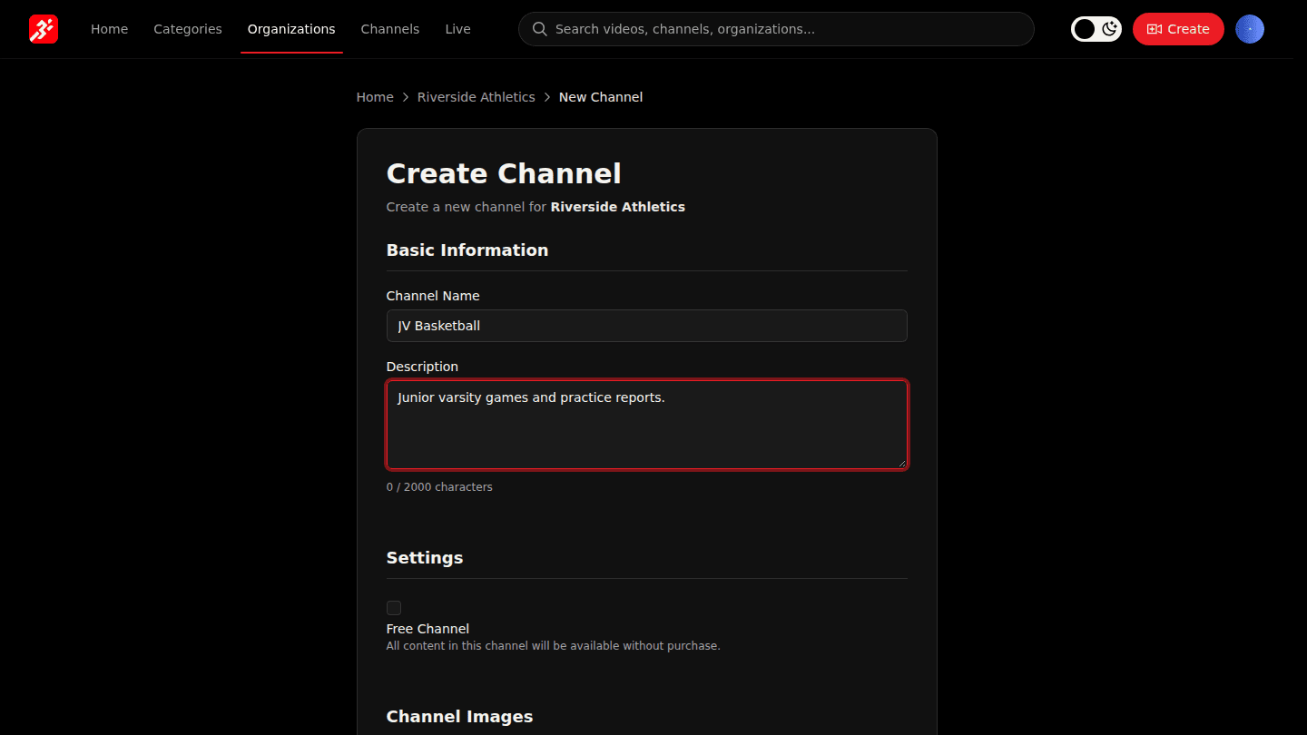 On your organization page choose Create Channel