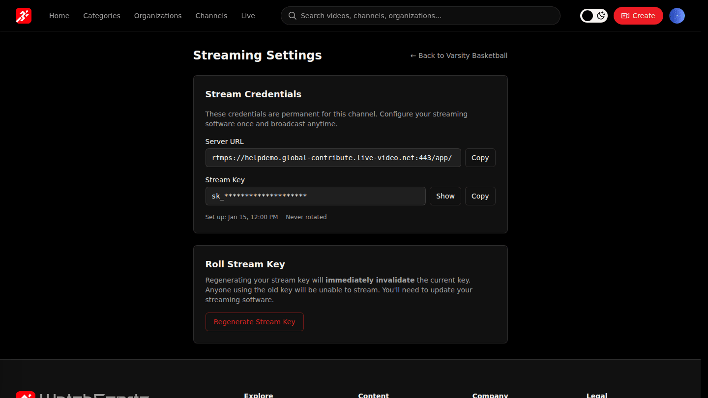 Open the channel and choose Manage → Stream Key
