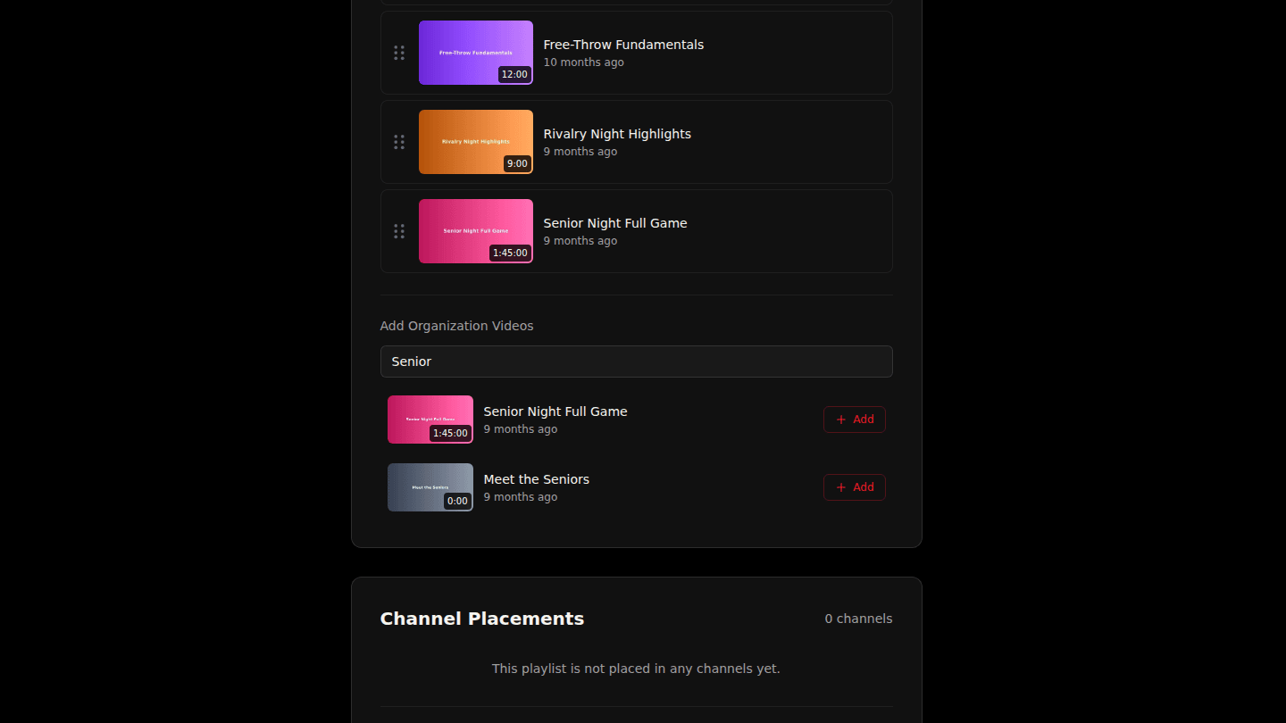 Search your organization's videos and choose Add